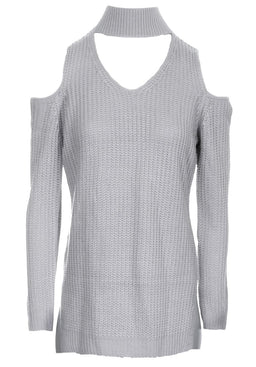 Grey Cold Shoulder Choker Jumper