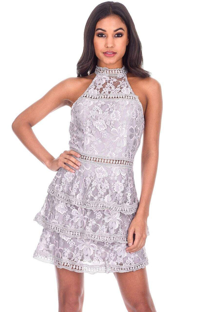 Grey Crochet Layered High Neck Dress
