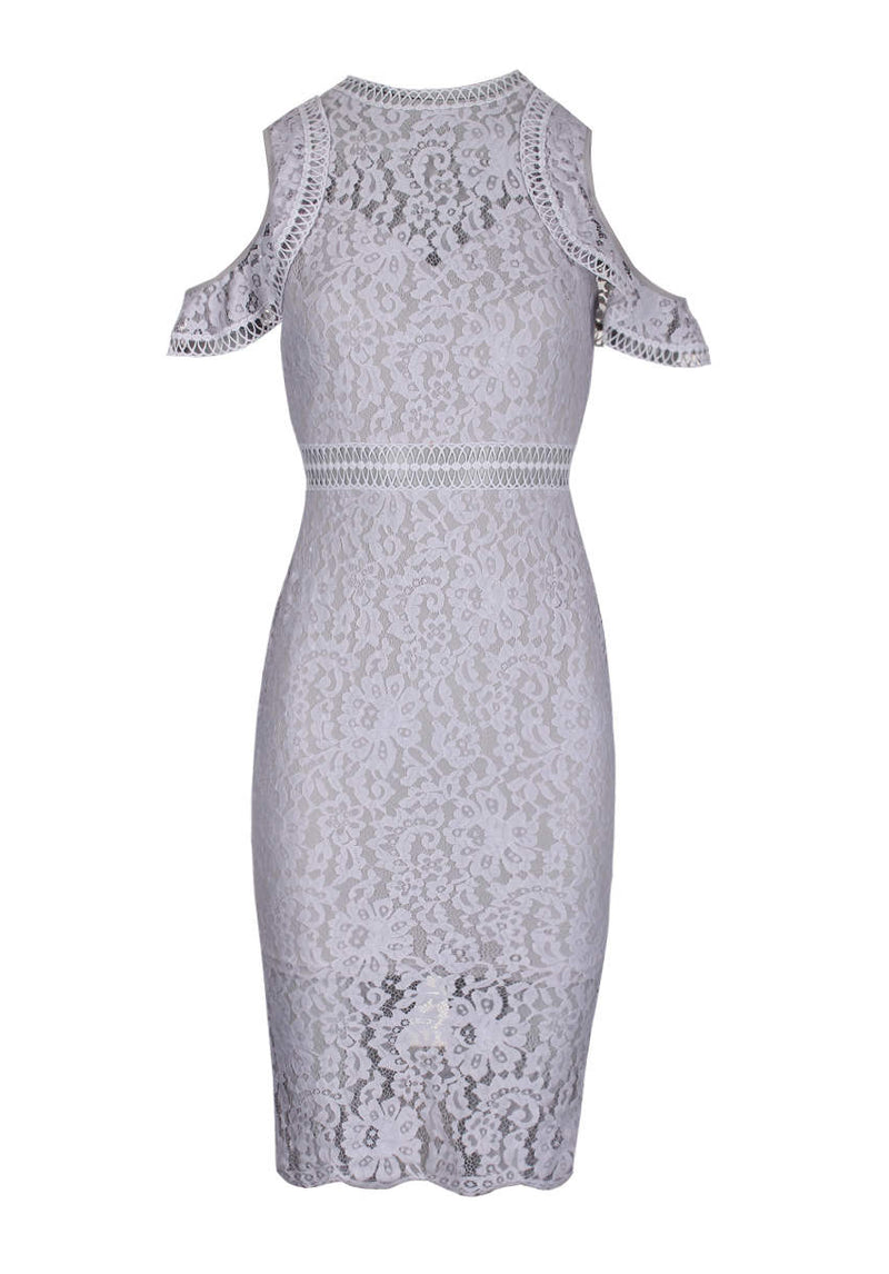 Grey Lace Cold Shoulder Midi Dress