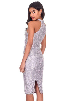 Grey Lace Cut In Neck Midi Dress