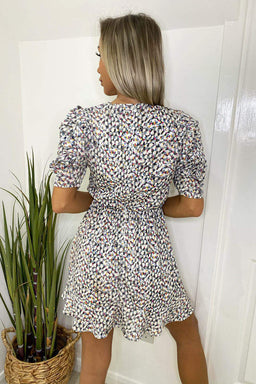 Grey Multi Abstract Pleat Sleeve Dress