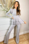 Grey Ribbed Frilled Hem Lounge Suit