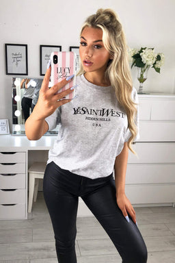 Grey Slogan Printed Oversized Tee
