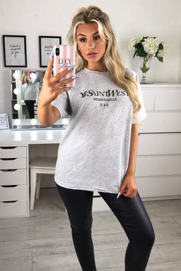 Grey Slogan Printed Oversized Tee