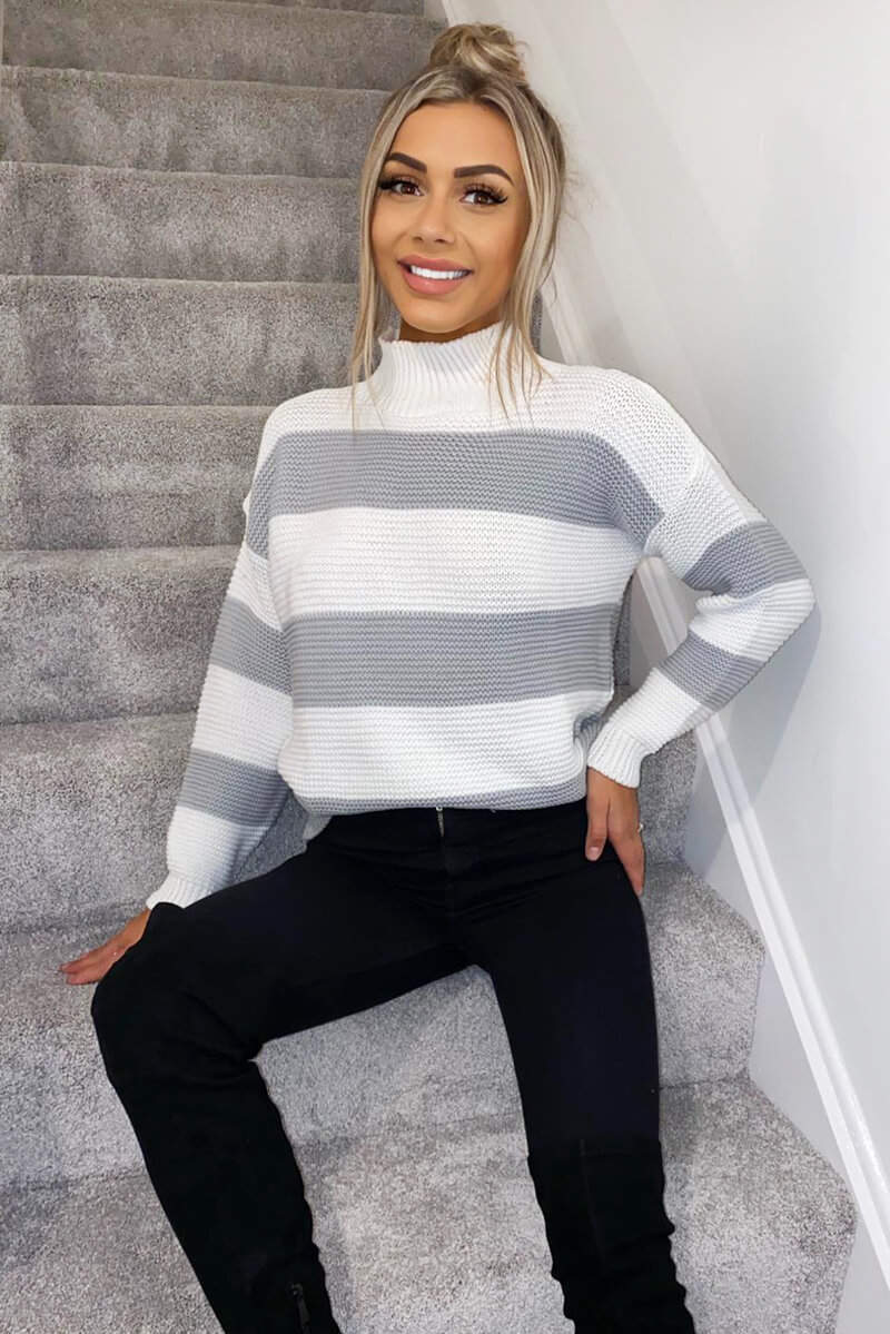 Grey Striped High Neck Knit Jumper