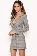 Grey Check Gold Button Blazer Dress