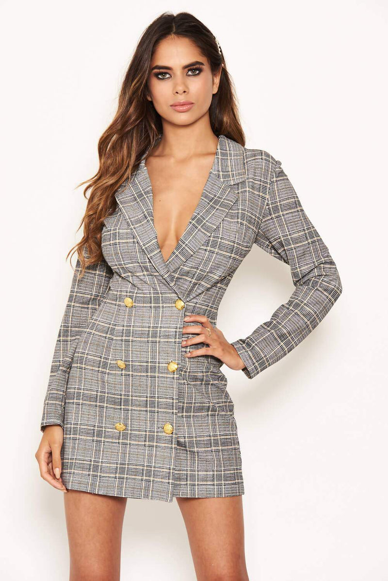 Grey Check Gold Button Blazer Dress