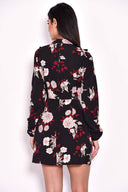 High-Neck Black Floral Mini Dress