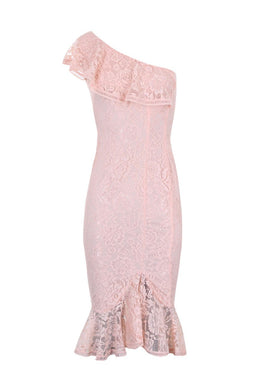 Blush Lace One Shoulder Frill Detail Midi Dress