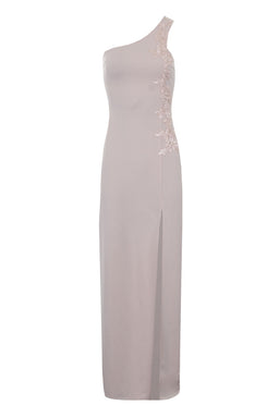Nude One Shoulder Floral Embroidered Detail Maxi Dress