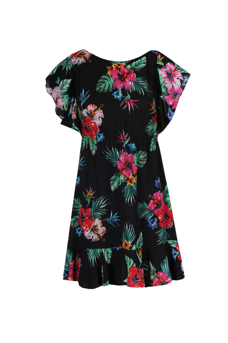 Black Floral Frill Detail Mini Dress