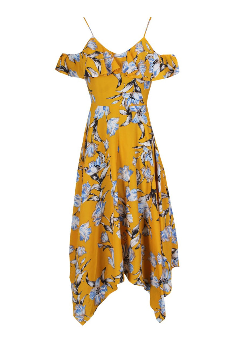 Yellow Floral Print Asymmetric Hem Dress