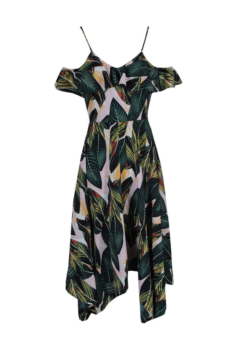 Leaf Print Frill Detail Maxi Dress