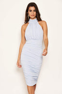 Ice Blue High Neck Ruched Bodycon Midi Dress