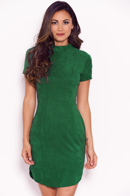Jade Green Faux Suede Mini Dress with High Neck