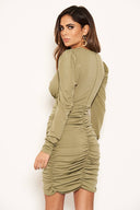 Khaki Long Puff Sleeved Ruched Wrap Dress