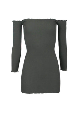 Khaki Bardot Ruffle Detail Knit Dress