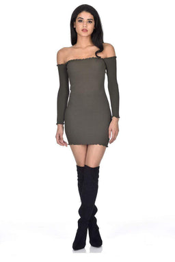 Khaki Bardot Ruffle Detail Knit Dress