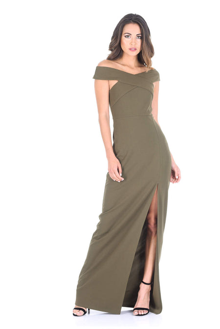 Khaki Cross Front Bardot Maxi Dress With Thigh High Split