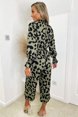 Khaki Elasticated Neck Long Sleeve Culotte Jumpsuit