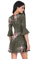 Khaki Floral Print Wrap Over Skater Dress