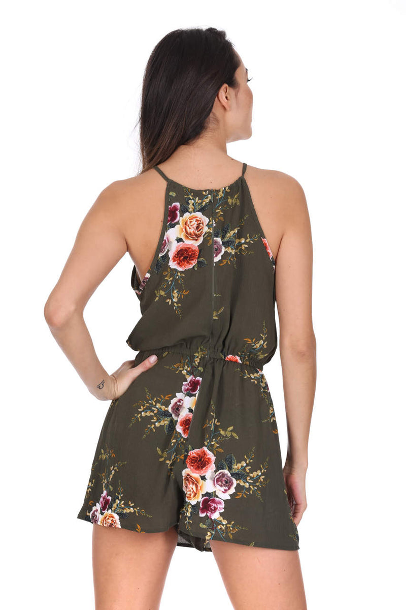 Khaki High Neck Floral Playsuit