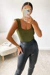 Khaki Padded Shoulder Sleeveless Bodysuit