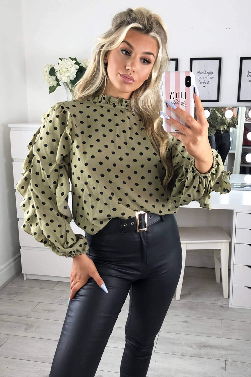 Khaki Polka Dot Frill Sleeve Top