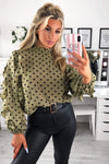 Khaki Polka Dot Frill Sleeve Top