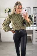 Khaki Polka Dot Frill Sleeve Top