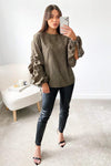 Khaki Printed Gathered Split Sleeve Blouse