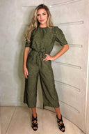 Khaki Printed Pleated Short Sleeve Jumpsuit