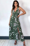 Khaki Printed Split Front Midaxi Dress