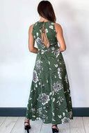 Khaki Printed Split Front Midaxi Dress