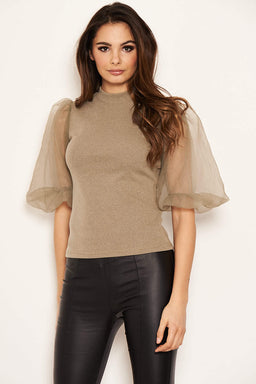 Khaki Puff Sleeve Knitted Top