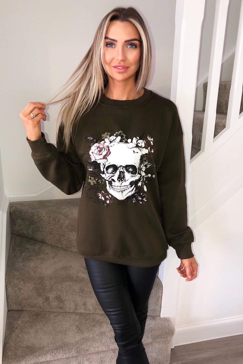 Khaki Skull Printed Sweatshirt