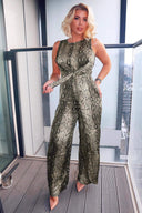 Khaki Snake Print Jumpsuit With Knot Front