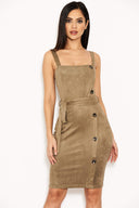 Khaki Suede Button Front Belted Dress