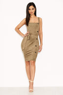 Khaki Suede Button Front Belted Dress