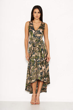 Khaki V Neck Leaf Print Dress