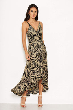 Khaki Animal Print Frill Hem Dress