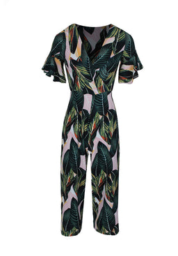 Leaf Printed Frill Detail Wrap Front Jumpsuit