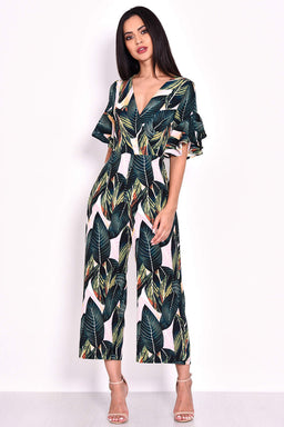Leaf Printed Frill Detail Wrap Front Jumpsuit