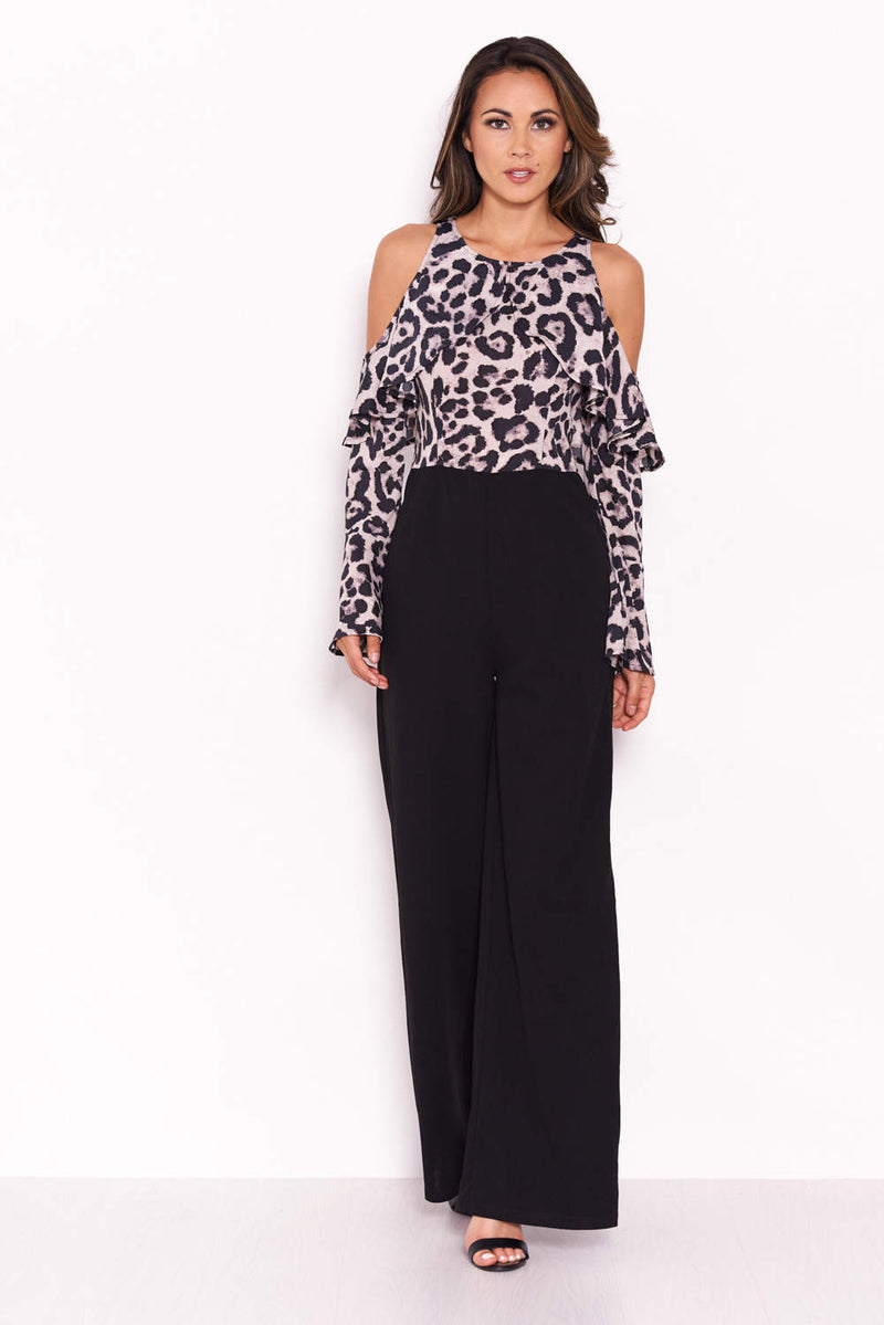 Leopard Print Cold Shoulder Jumpsuit With Ruffle Detail