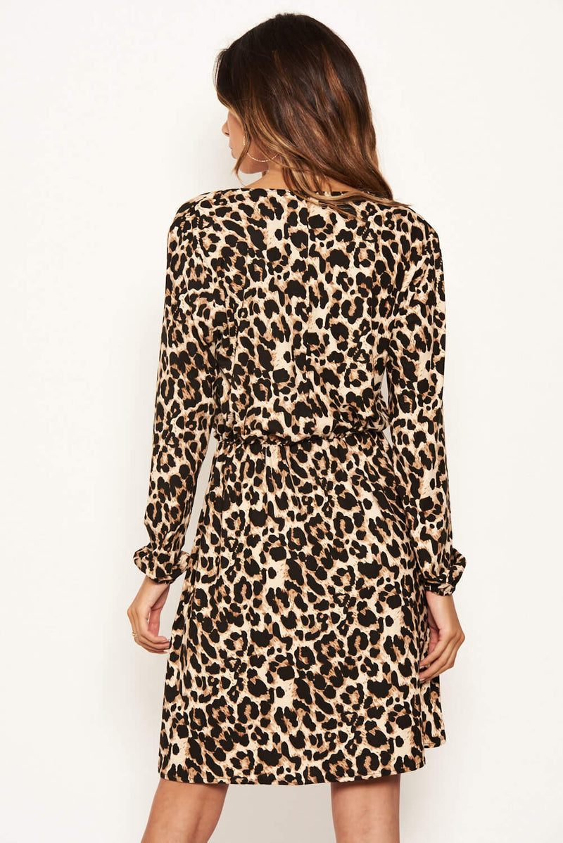 Leopard Print Elasticated Waist V Neck Dress