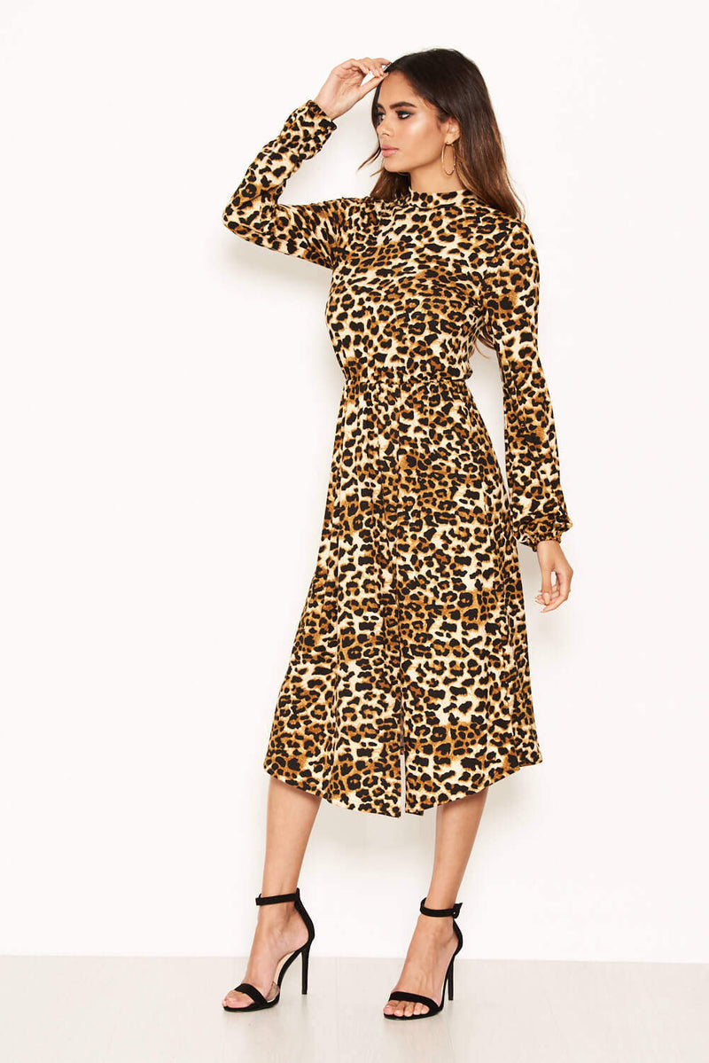 Leopard Print Side Split Midi Dress