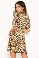 Leopard Print Wrap Over Puff Sleeve Dress