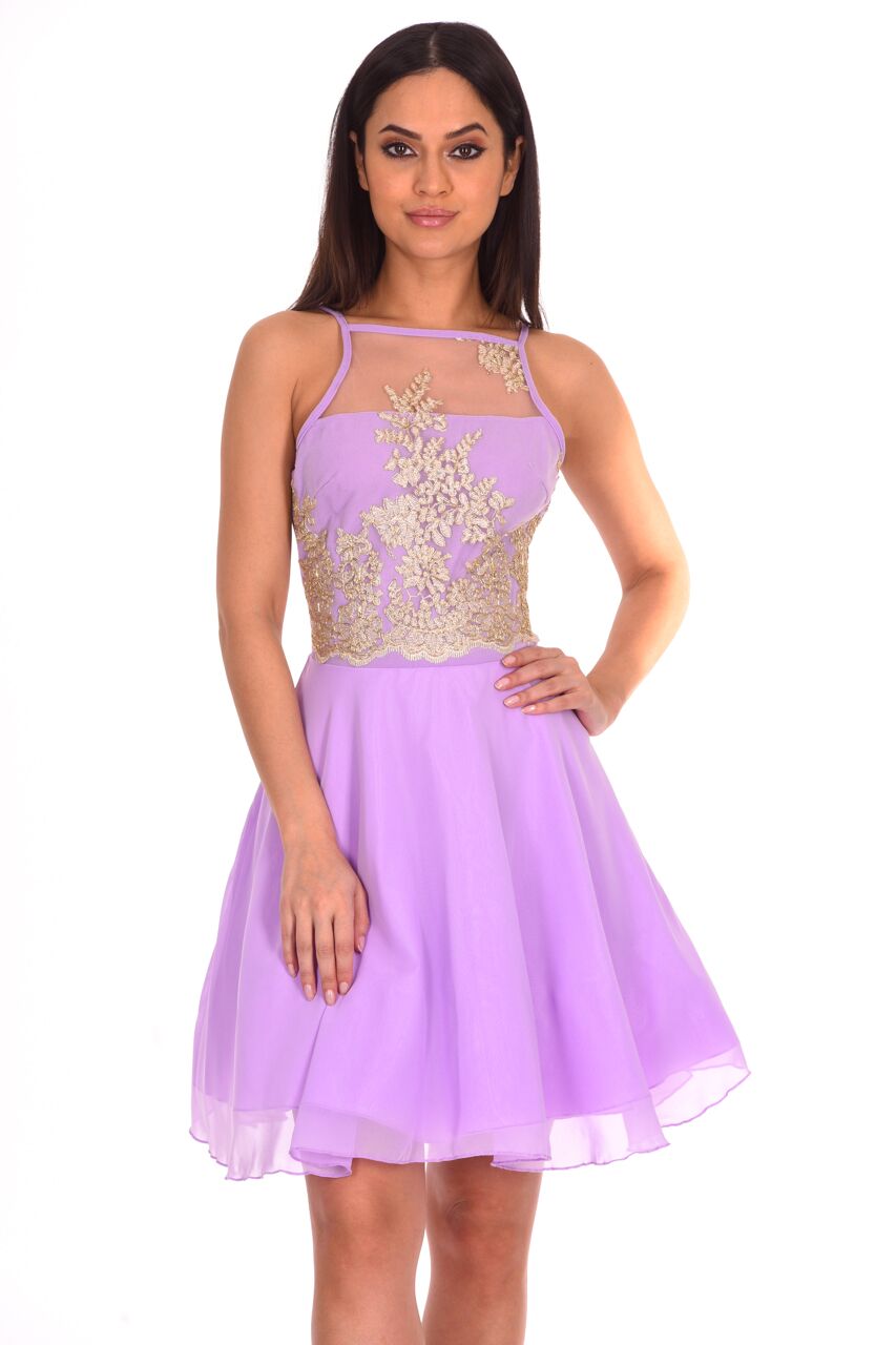 Lilac Mesh Gold Embroidered Skater Dress AX Paris US Lilac Mesh Gold Embroidered Skater Dress AX Paris US