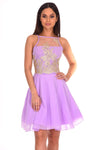 Lilac Mesh Gold Embroidered Skater Dress