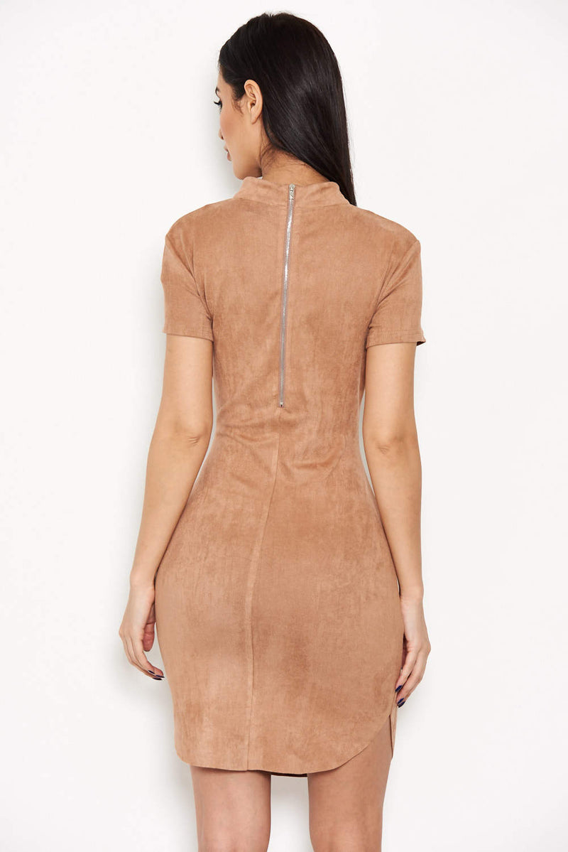 Mink Faux Suede Mini Dress with High Neck